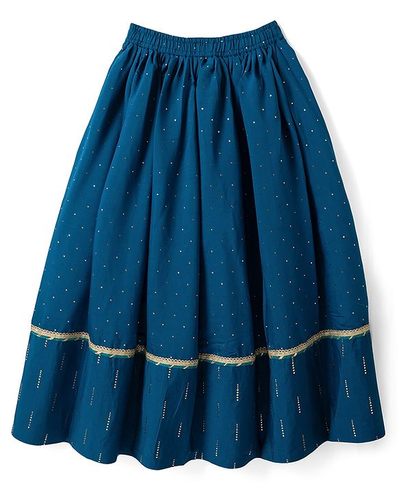 Pine Kids Woven Lehenga Choli with Dupatta Full Sleeves and Chevron Foil Print in Teal Blue
