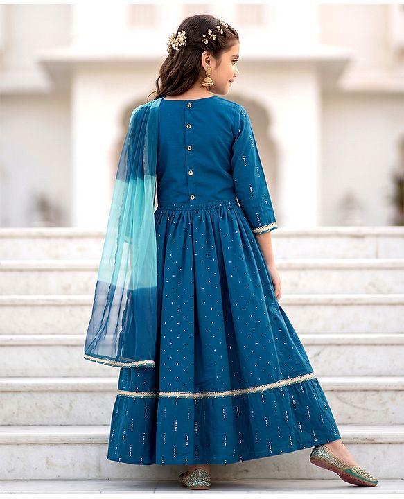 Pine Kids Woven Lehenga Choli with Dupatta Full Sleeves and Chevron Foil Print in Teal Blue