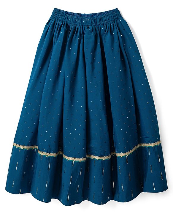 Pine Kids Woven Lehenga Choli with Dupatta Full Sleeves and Chevron Foil Print in Teal Blue