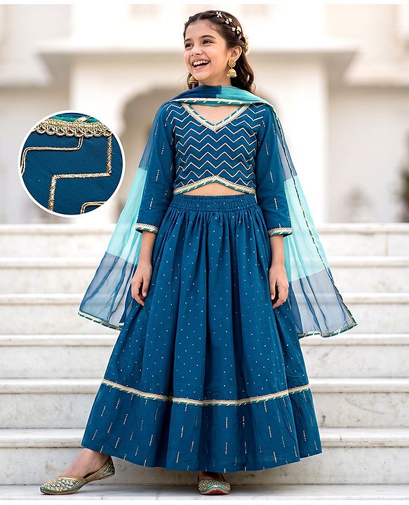 Pine Kids Woven Lehenga Choli with Dupatta Full Sleeves and Chevron Foil Print in Teal Blue