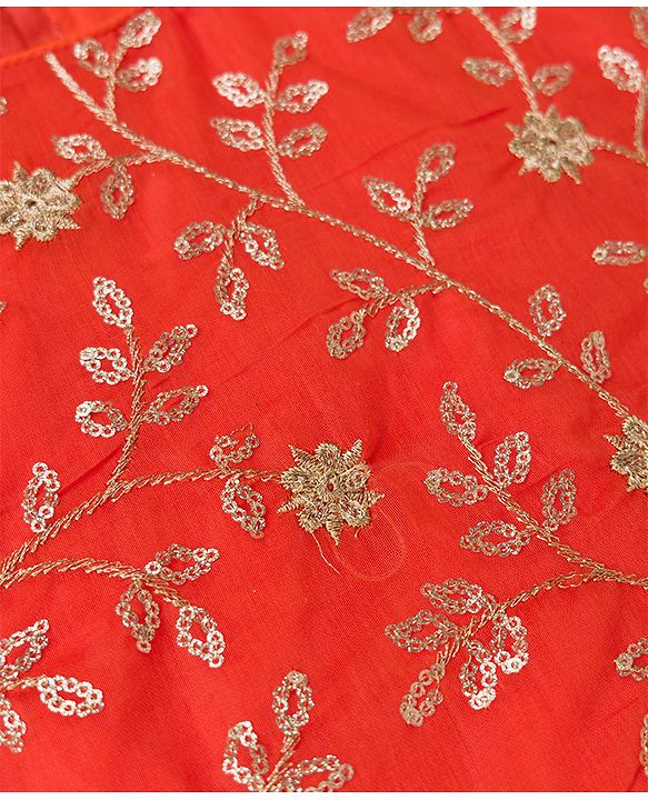 Pine Kids Woven Lehenga Choli & Dupatta with Half Sleeves and Floral Print in Orange