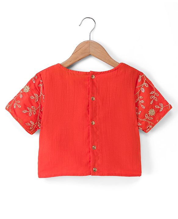 Pine Kids Woven Lehenga Choli & Dupatta with Half Sleeves and Floral Print in Orange