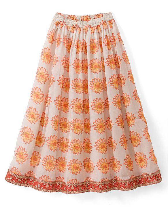 Pine Kids Woven Lehenga Choli & Dupatta with Half Sleeves and Floral Print in Orange
