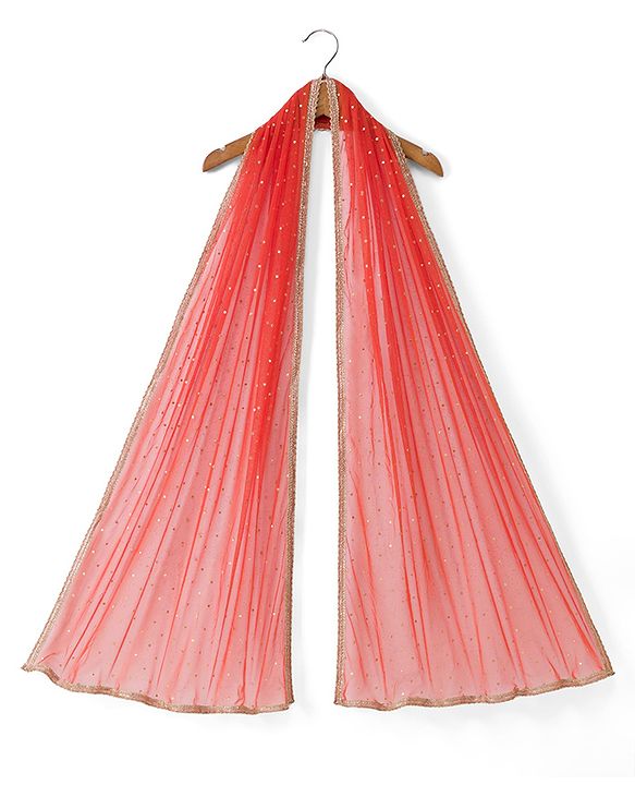Pine Kids Woven Lehenga Choli & Dupatta with Half Sleeves and Floral Print in Orange