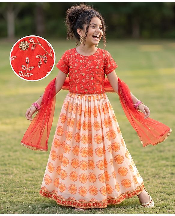 Pine Kids Woven Lehenga Choli & Dupatta with Half Sleeves and Floral Print in Orange