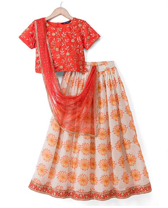 Pine Kids Woven Lehenga Choli & Dupatta with Half Sleeves and Floral Print in Orange