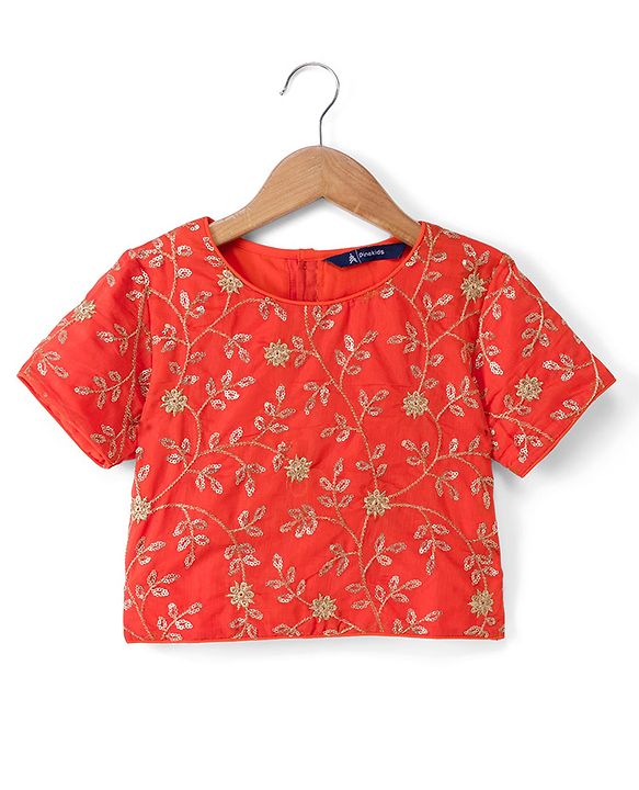 Pine Kids Woven Lehenga Choli & Dupatta with Half Sleeves and Floral Print in Orange