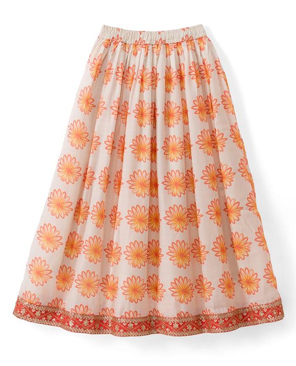 Pine Kids Woven Lehenga Choli & Dupatta with Half Sleeves and Floral Print in Orange