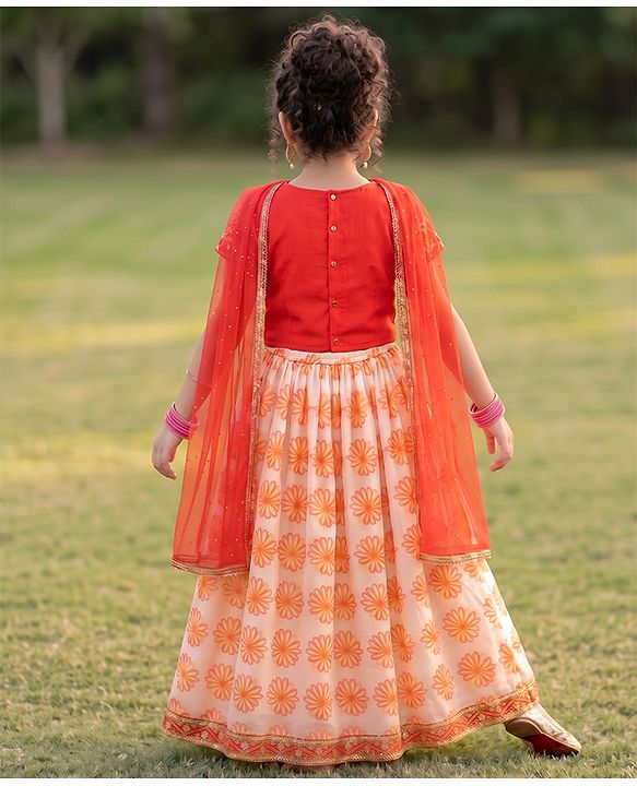 Pine Kids Woven Lehenga Choli & Dupatta with Half Sleeves and Floral Print in Orange