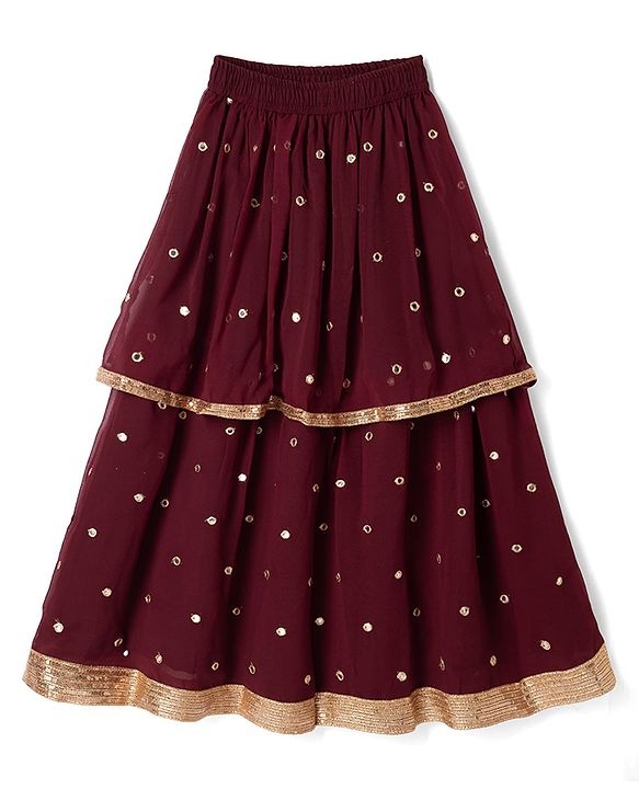 Pine Kids Woven Half Sleeves Choli and Lehenga with Dupatta Full Length and Sequins Embroidery in Wine