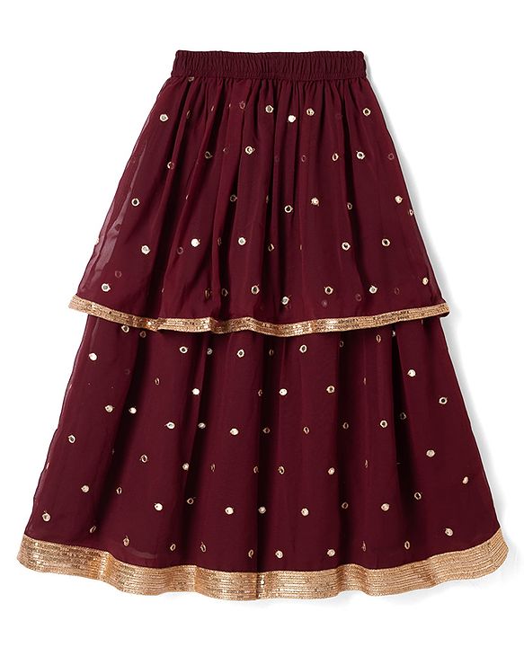 Pine Kids Woven Half Sleeves Choli and Lehenga with Dupatta Full Length and Sequins Embroidery in Wine