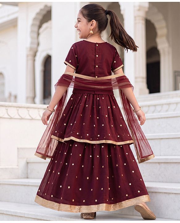 Pine Kids Woven Half Sleeves Choli and Lehenga with Dupatta Full Length and Sequins Embroidery in Wine