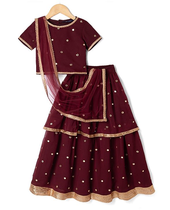 Pine Kids Woven Half Sleeves Choli and Lehenga with Dupatta Full Length and Sequins Embroidery in Wine