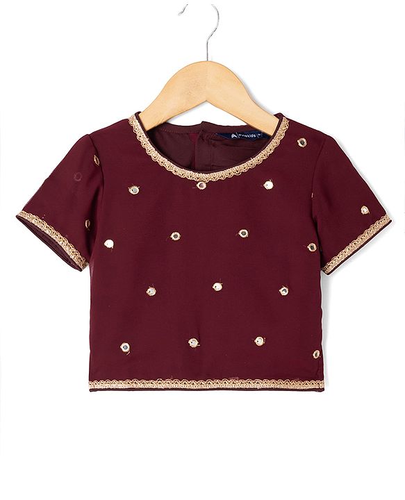 Pine Kids Woven Half Sleeves Choli and Lehenga with Dupatta Full Length and Sequins Embroidery in Wine