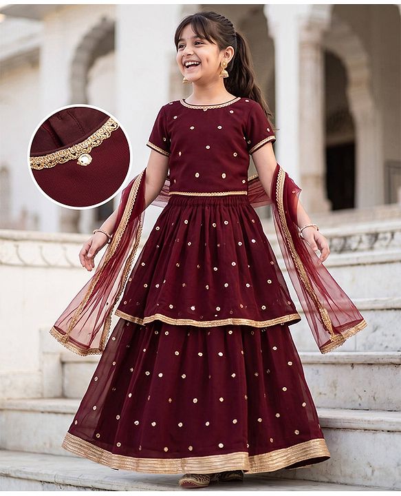 Pine Kids Woven Half Sleeves Choli and Lehenga with Dupatta Full Length and Sequins Embroidery in Wine