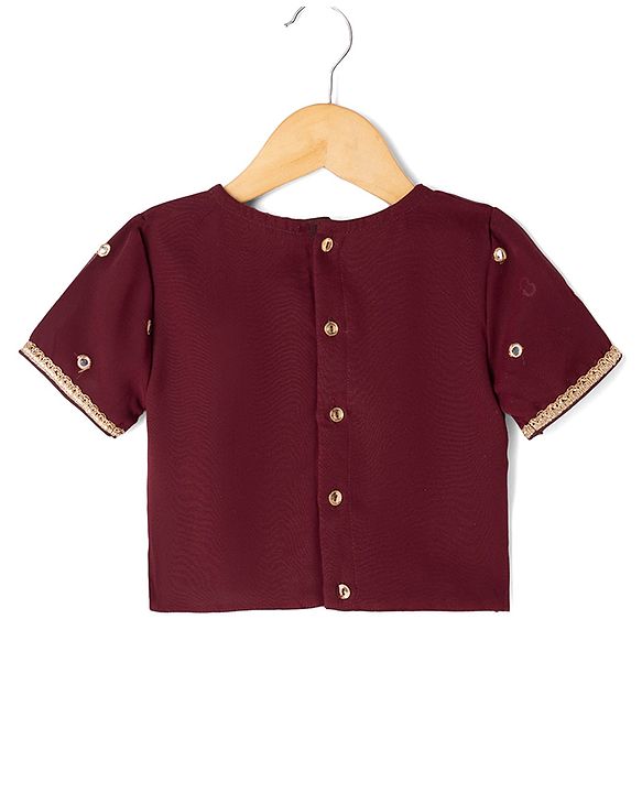 Pine Kids Woven Half Sleeves Choli and Lehenga with Dupatta Full Length and Sequins Embroidery in Wine