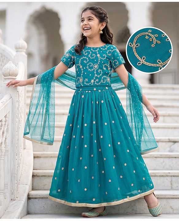 Pine Kids Woven Half Sleeves Choli and Lehenga with Dupatta and Floral Embroidery with Sequins - Sea Green