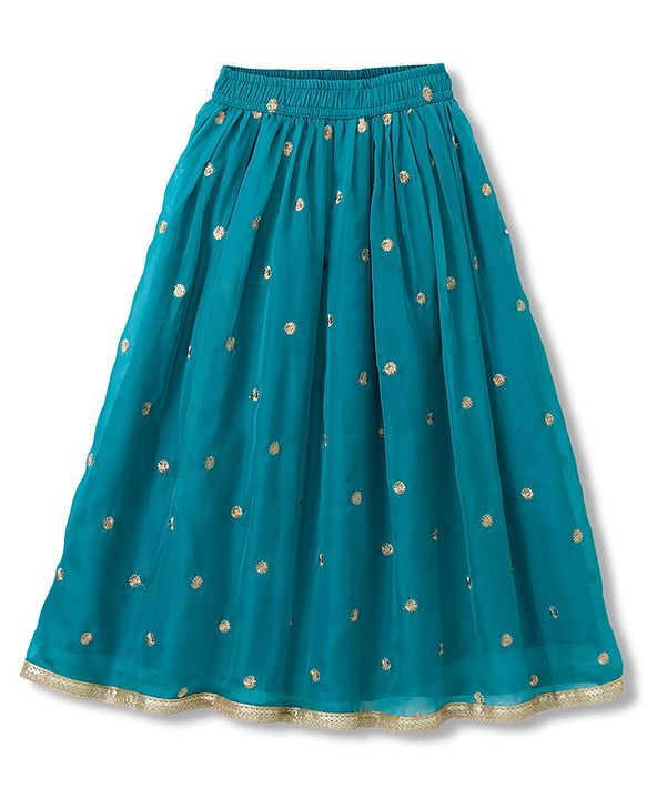 Pine Kids Woven Half Sleeves Choli and Lehenga with Dupatta and Floral Embroidery with Sequins - Sea Green