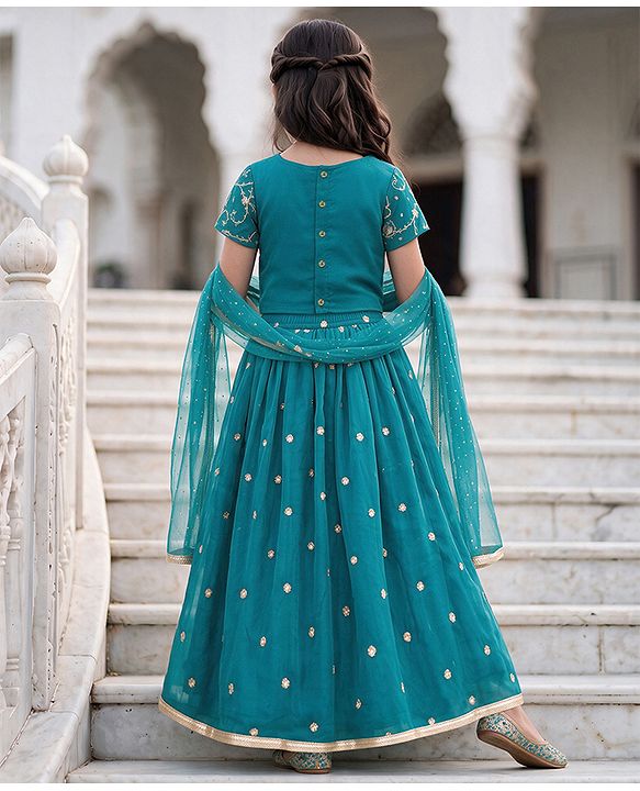 Pine Kids Woven Half Sleeves Choli and Lehenga with Dupatta and Floral Embroidery with Sequins - Sea Green