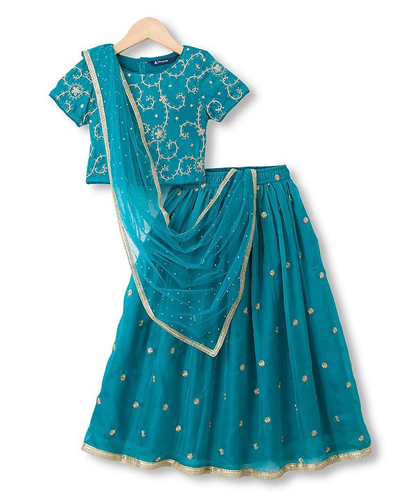 Pine Kids Woven Half Sleeves Choli and Lehenga with Dupatta and Floral Embroidery with Sequins - Sea Green
