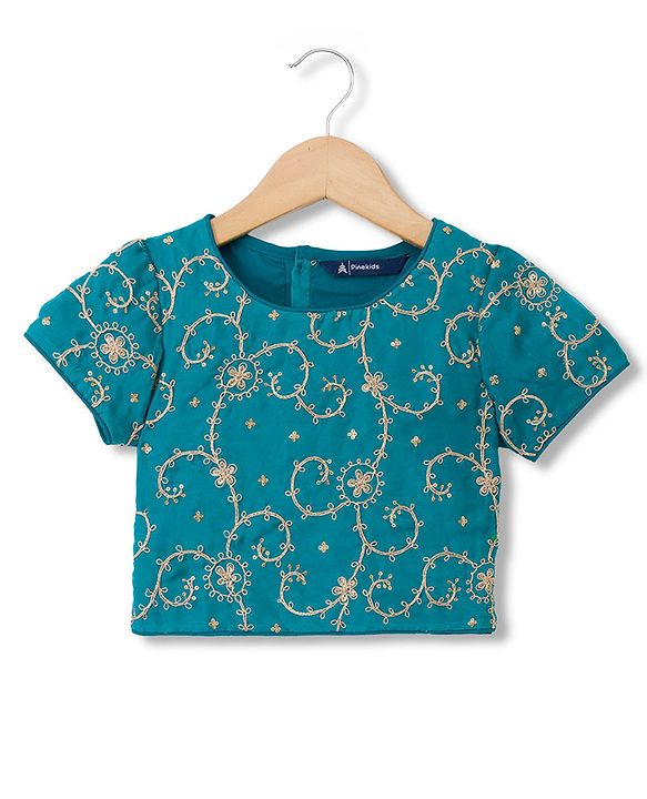 Pine Kids Woven Half Sleeves Choli and Lehenga with Dupatta and Floral Embroidery with Sequins - Sea Green