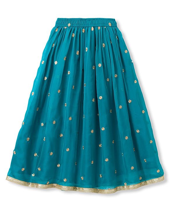Pine Kids Woven Half Sleeves Choli and Lehenga with Dupatta and Floral Embroidery with Sequins - Sea Green