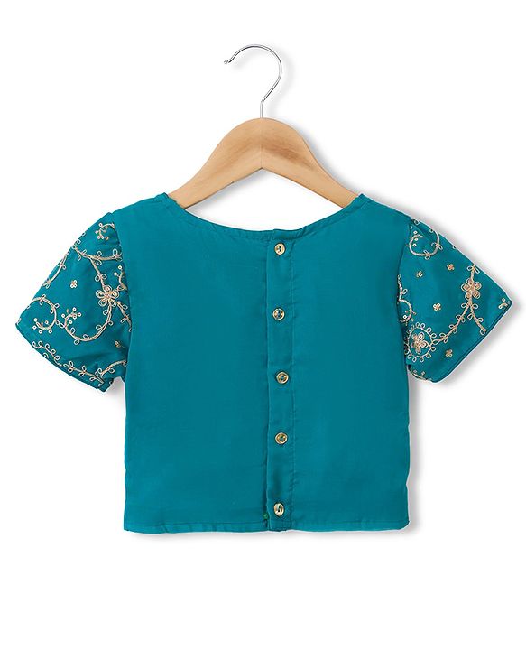 Pine Kids Woven Half Sleeves Choli and Lehenga with Dupatta and Floral Embroidery with Sequins - Sea Green