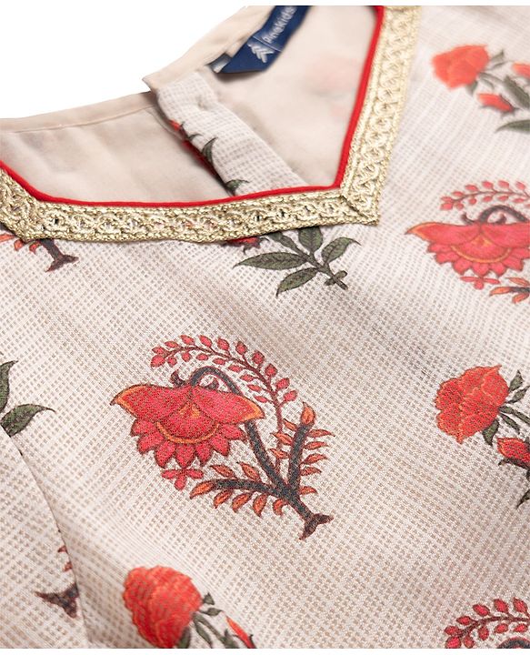 Pine Kids Woven Lehenga Choli & Dupatta Set with Half Sleeves and Floral Print in Offwhite