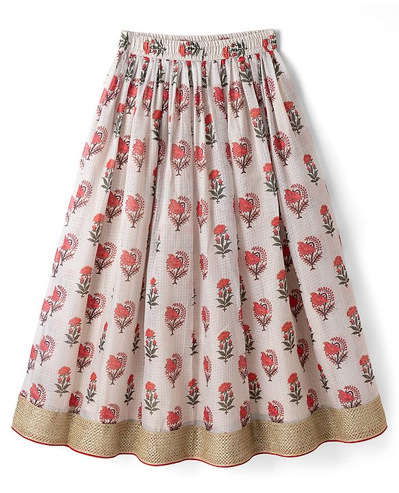 Pine Kids Woven Lehenga Choli & Dupatta Set with Half Sleeves and Floral Print in Offwhite