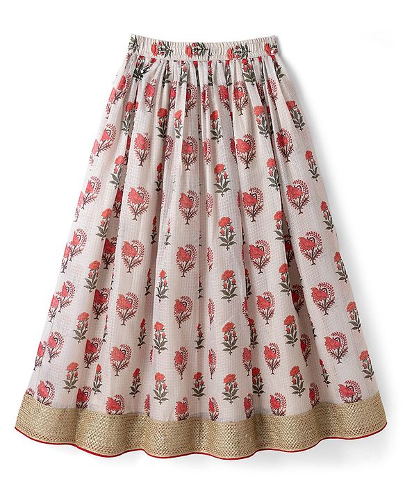 Pine Kids Woven Lehenga Choli & Dupatta Set with Half Sleeves and Floral Print in Offwhite