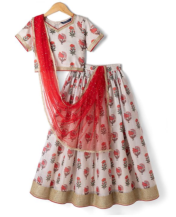 Pine Kids Woven Lehenga Choli & Dupatta Set with Half Sleeves and Floral Print in Offwhite