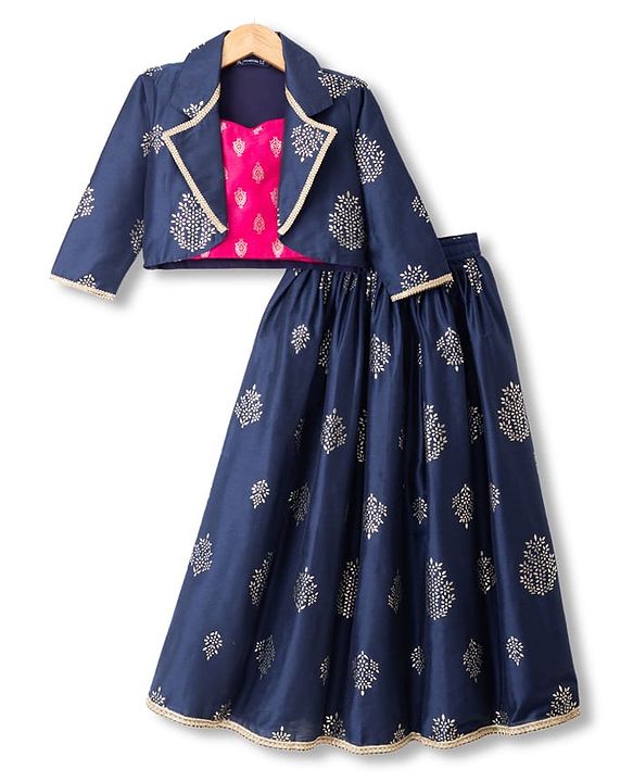Pine Kids Woven Sleeveless Printed Choli & Lehenga Set With Jacket - Navy Blue