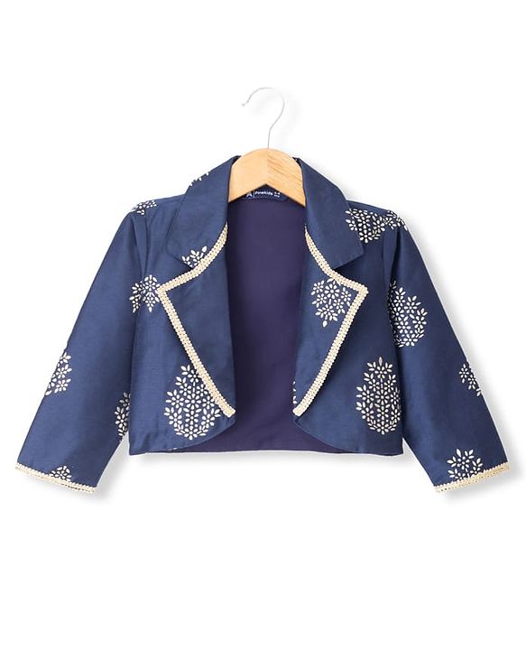Pine Kids Woven Sleeveless Printed Choli & Lehenga Set With Jacket - Navy Blue