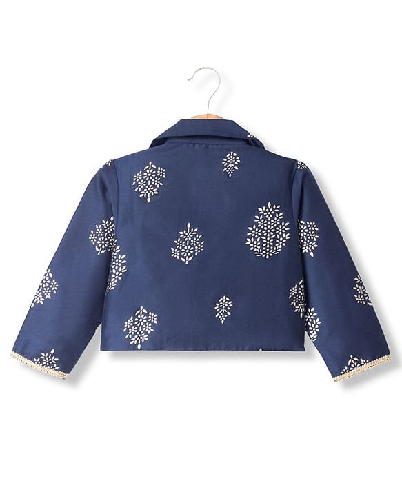 Pine Kids Woven Sleeveless Printed Choli & Lehenga Set With Jacket - Navy Blue