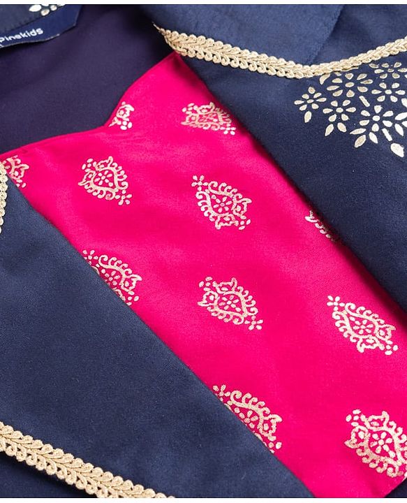 Pine Kids Woven Sleeveless Printed Choli & Lehenga Set With Jacket - Navy Blue