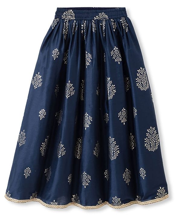 Pine Kids Woven Sleeveless Printed Choli & Lehenga Set With Jacket - Navy Blue