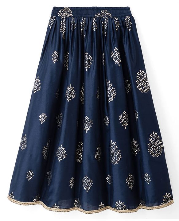 Pine Kids Woven Sleeveless Printed Choli & Lehenga Set With Jacket - Navy Blue