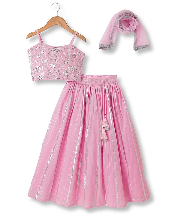 Pine Kids Woven Singlet Choli and Lehenga with Dupatta and Floral Embroidery with Sequins - Pink
