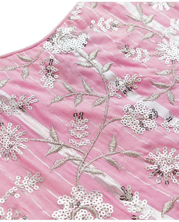 Pine Kids Woven Singlet Choli and Lehenga with Dupatta and Floral Embroidery with Sequins - Pink