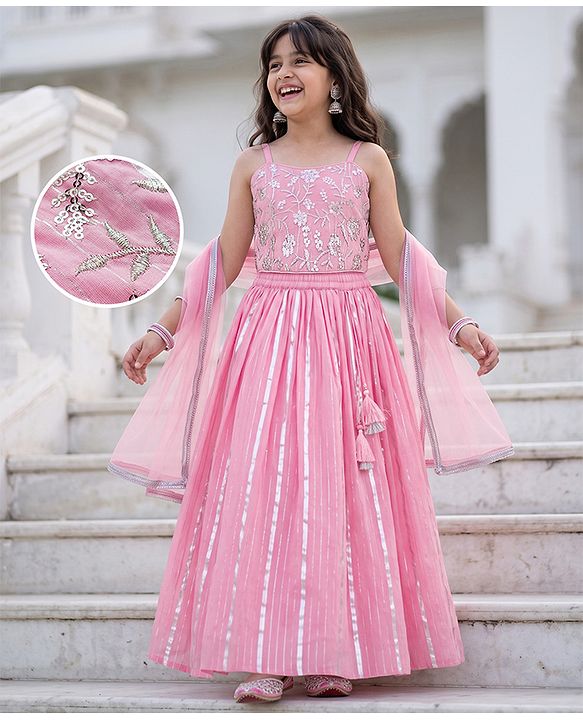 Pine Kids Woven Singlet Choli and Lehenga with Dupatta and Floral Embroidery with Sequins - Pink