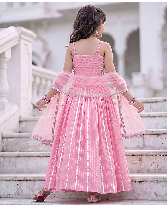 Pine Kids Woven Singlet Choli and Lehenga with Dupatta and Floral Embroidery with Sequins - Pink