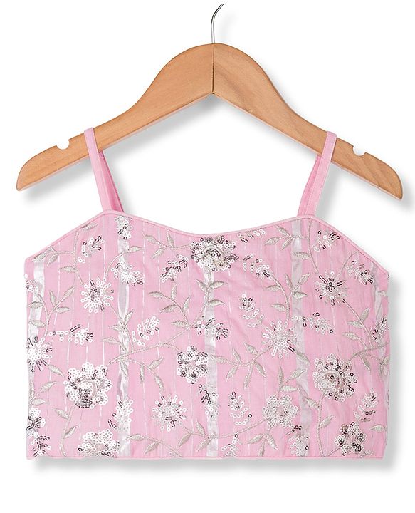 Pine Kids Woven Singlet Choli and Lehenga with Dupatta and Floral Embroidery with Sequins - Pink