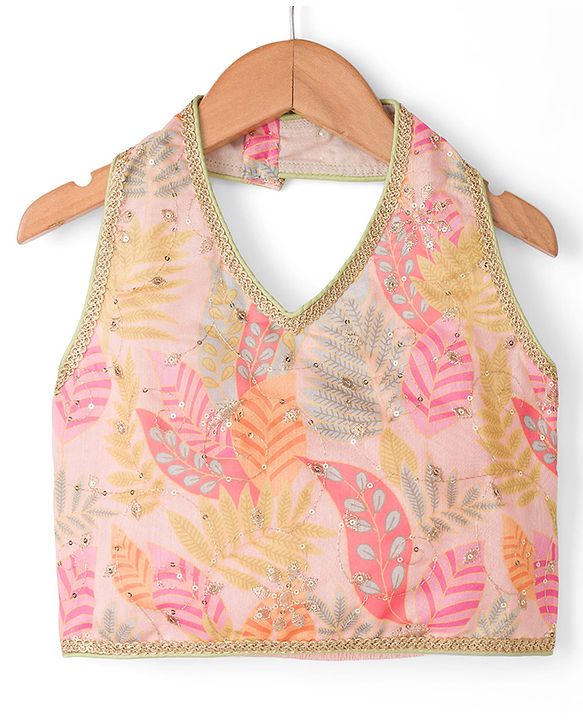 Pine Kids Woven Lehenga Choli and Dupatta with Sleeveless and Leaves Print in Light Pink