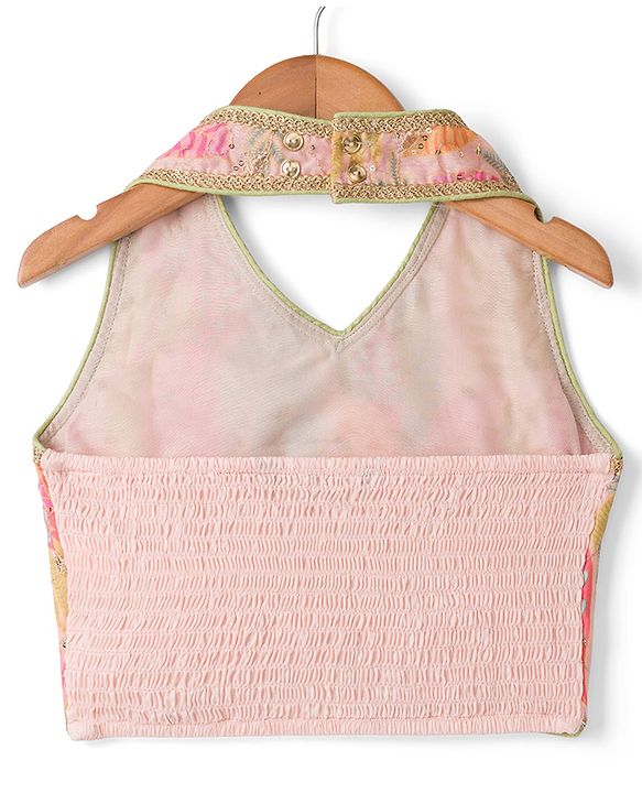 Pine Kids Woven Lehenga Choli and Dupatta with Sleeveless and Leaves Print in Light Pink