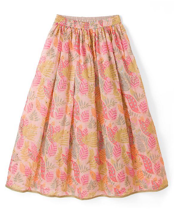 Pine Kids Woven Lehenga Choli and Dupatta with Sleeveless and Leaves Print in Light Pink