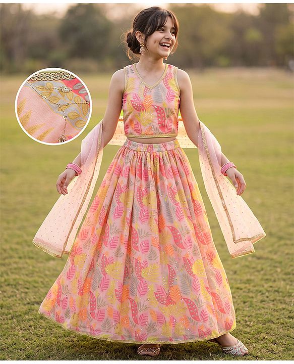 Pine Kids Woven Lehenga Choli and Dupatta with Sleeveless and Leaves Print in Light Pink