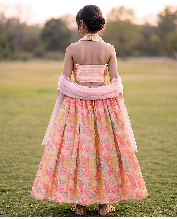 Pine Kids Woven Lehenga Choli and Dupatta with Sleeveless and Leaves Print in Light Pink