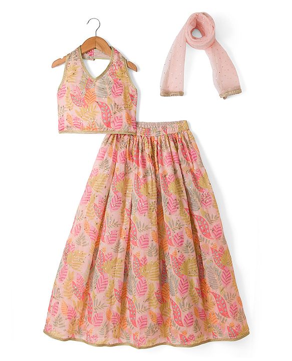 Pine Kids Woven Lehenga Choli and Dupatta with Sleeveless and Leaves Print in Light Pink