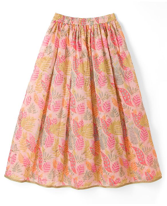 Pine Kids Woven Lehenga Choli and Dupatta with Sleeveless and Leaves Print in Light Pink