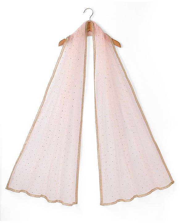 Pine Kids Woven Lehenga Choli and Dupatta with Sleeveless and Leaves Print in Light Pink